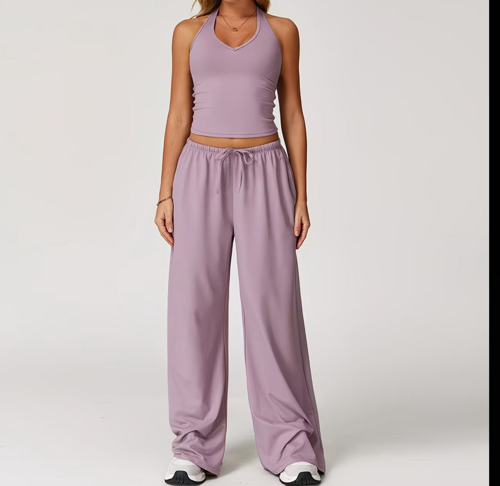 Women's Summer Solid Colour Halter Top & High-Waist Drawstring Wide-Leg Pocket Trousers 2-Piece Co-Ord Set