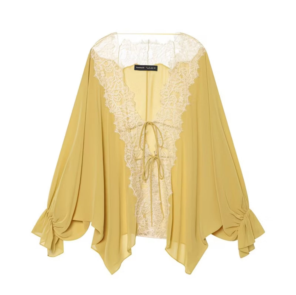 Women's Eyelash Knit Lace V-Neck Cardigan with Front Tie & Batwing Sleeves – Lightweight Beach Cover-Up