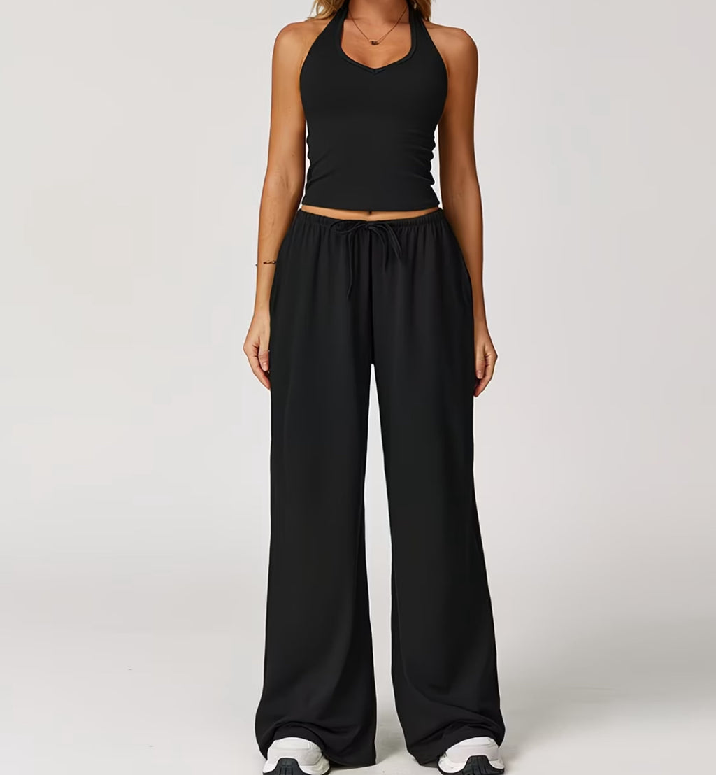 Women's Summer Solid Colour Halter Top & High-Waist Drawstring Wide-Leg Pocket Trousers 2-Piece Co-Ord Set