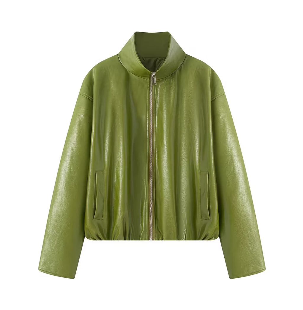 Sienna Faux Leather Strapless Mini Dress & Oversized Jacket Set – Olive Green