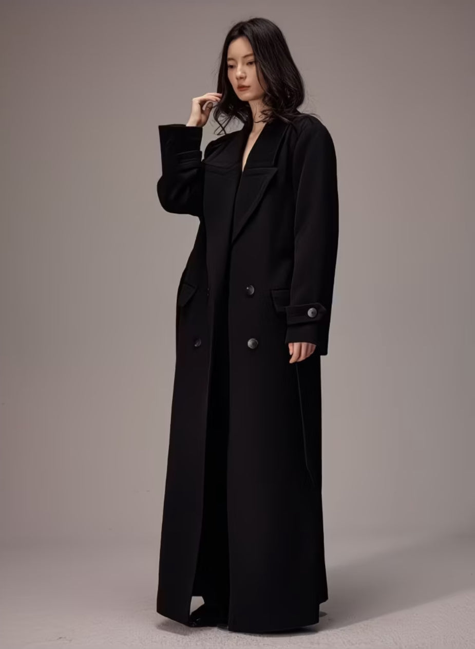 Women's Long Belted Double-Breasted Trench Coat – Elegant Winter Maxi Overcoat