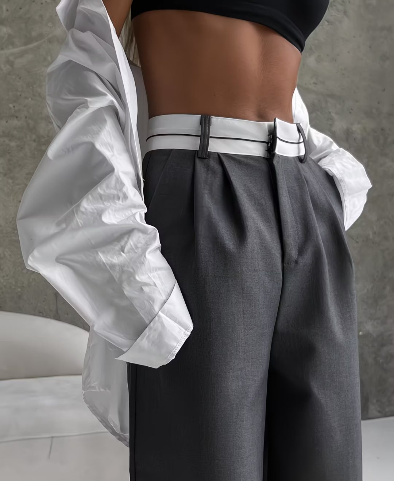 Women's Premium High-Waist Wide-Leg Trousers – Contrast Detail Smart Casual Commuter Pants