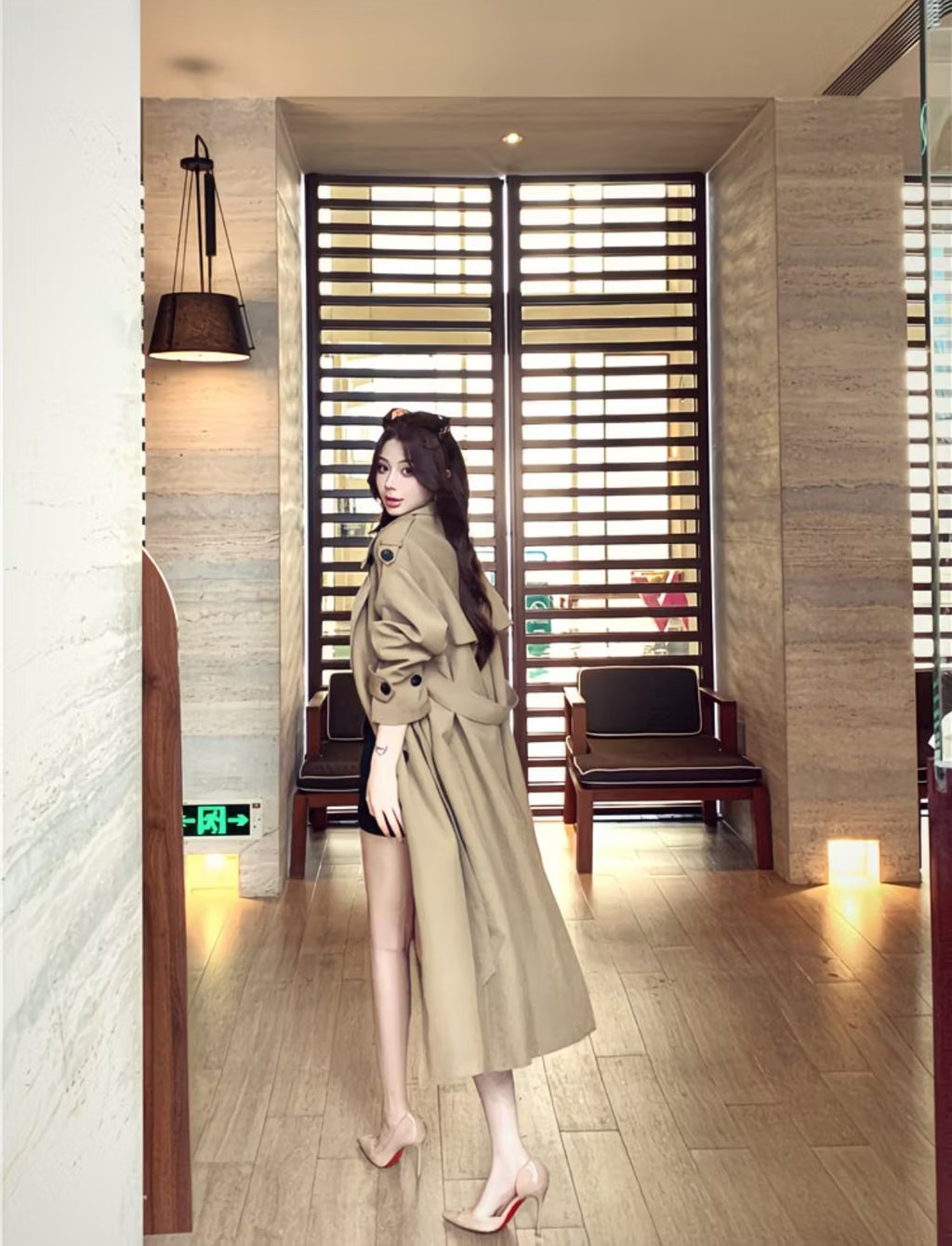 Women's Elegant Double-Breasted Trench Coat – Long Belted Slim Fit Lapel Jacket in Khaki