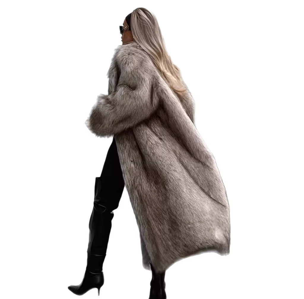 Luxury Faux Fur Long Coat for Women – Elegant Celebrity-Inspired Winter Overcoat