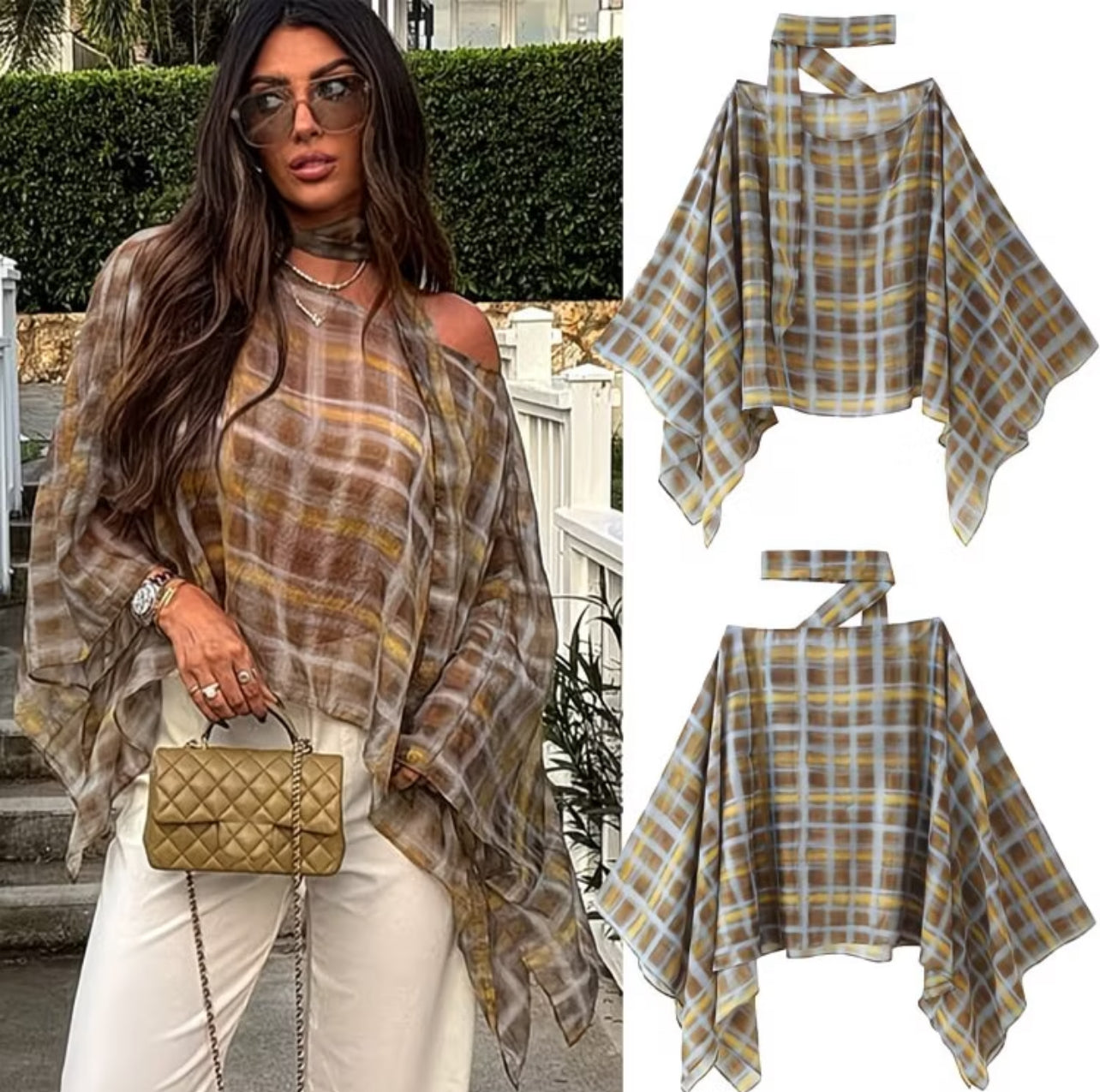 Women's Plaid Batwing Scarf Shawl – Round Neck Beach Cover-Up Top