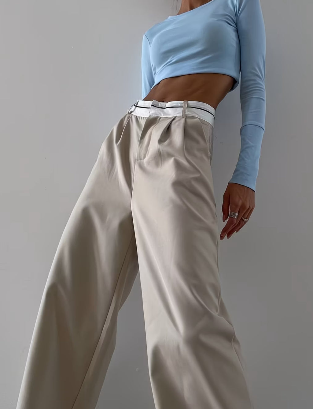 Women's Premium High-Waist Wide-Leg Trousers – Contrast Detail Smart Casual Commuter Pants