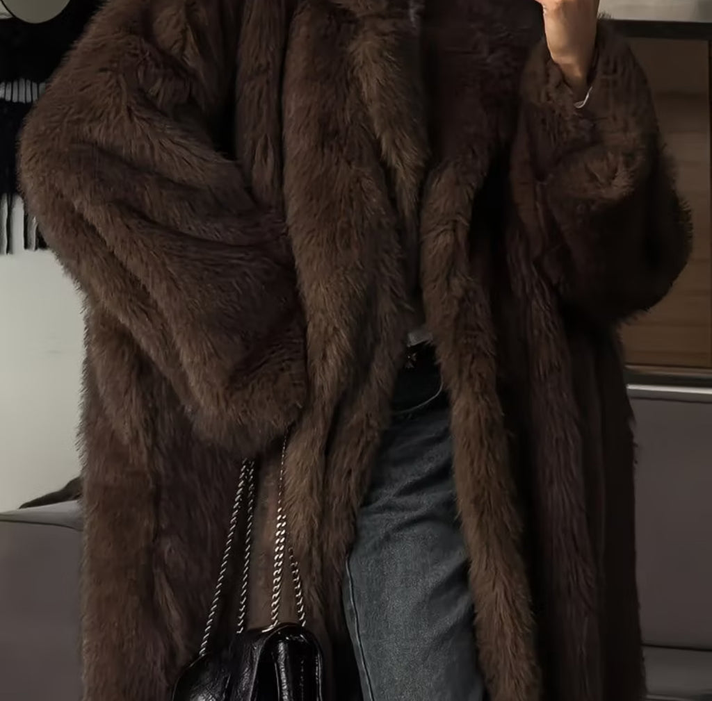 Luxury Faux Fur Long Coat for Women – Elegant Celebrity-Inspired Winter Overcoat