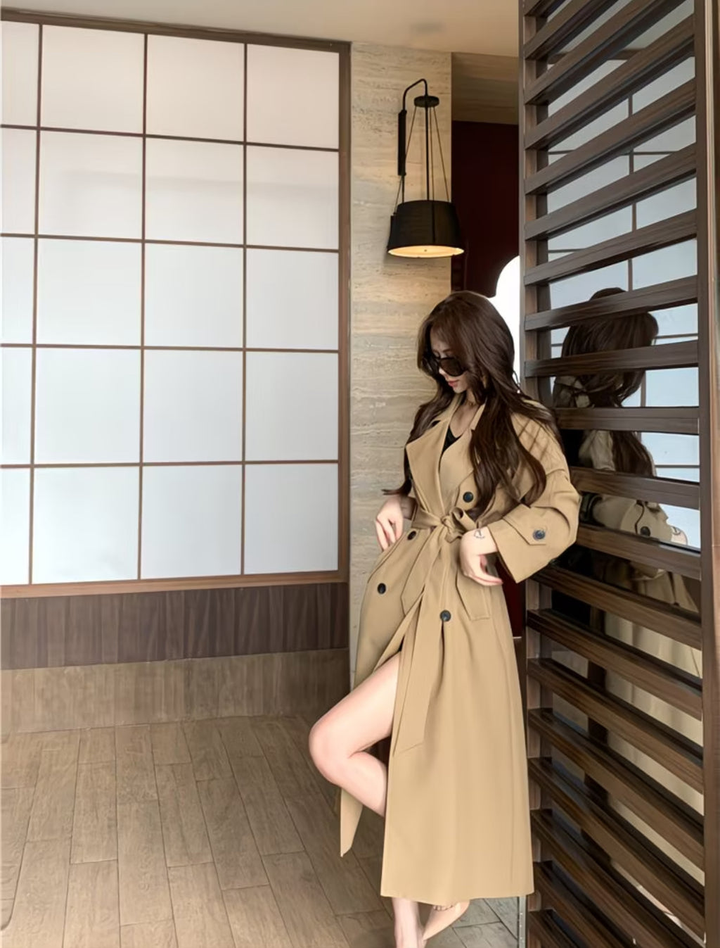 Women's Elegant Double-Breasted Trench Coat – Long Belted Slim Fit Lapel Jacket in Khaki