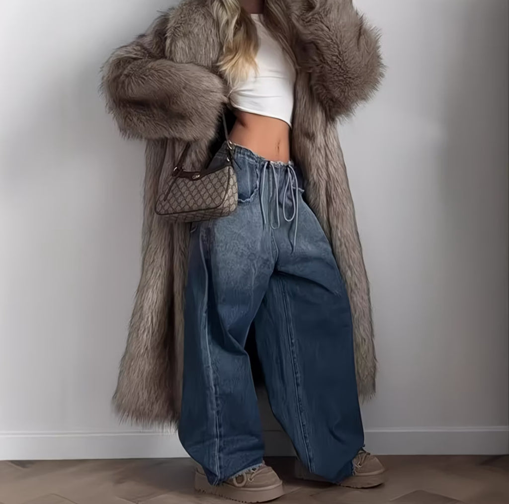 Luxury Faux Fur Long Coat for Women – Elegant Celebrity-Inspired Winter Overcoat
