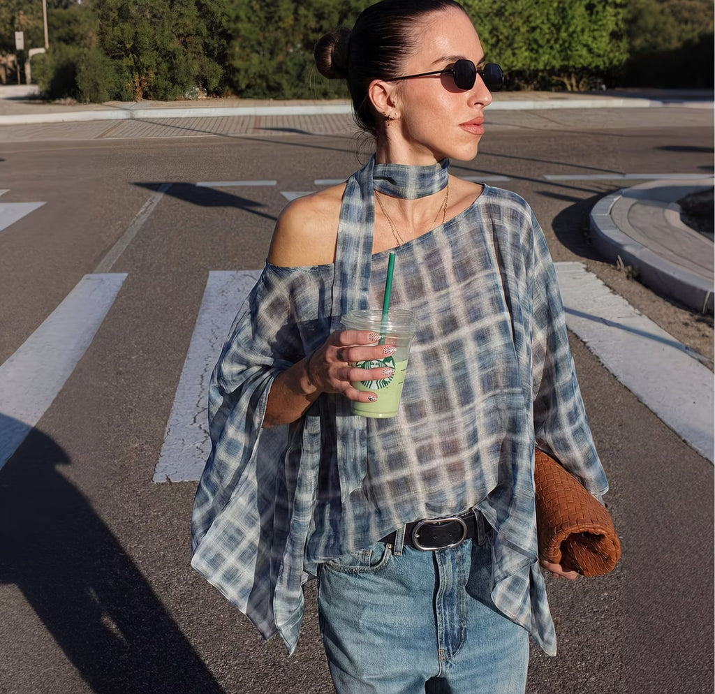 Women's Plaid Batwing Scarf Shawl – Round Neck Beach Cover-Up Top