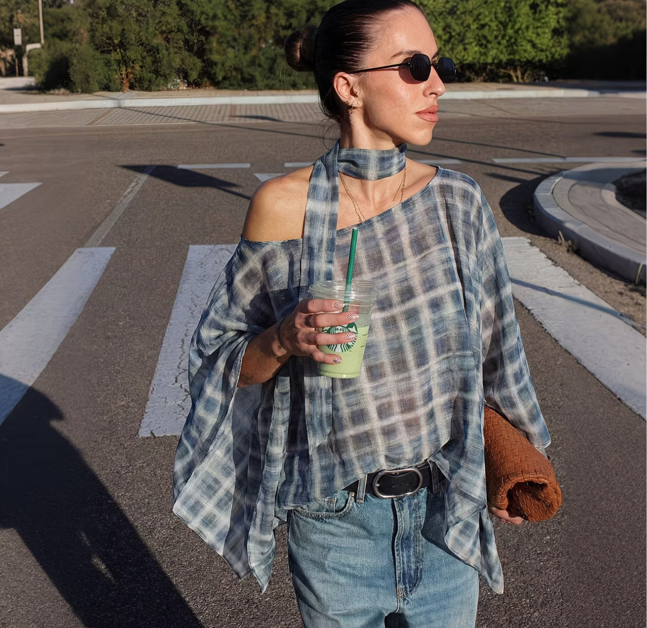 Women's Plaid Batwing Scarf Shawl – Round Neck Beach Cover-Up Top