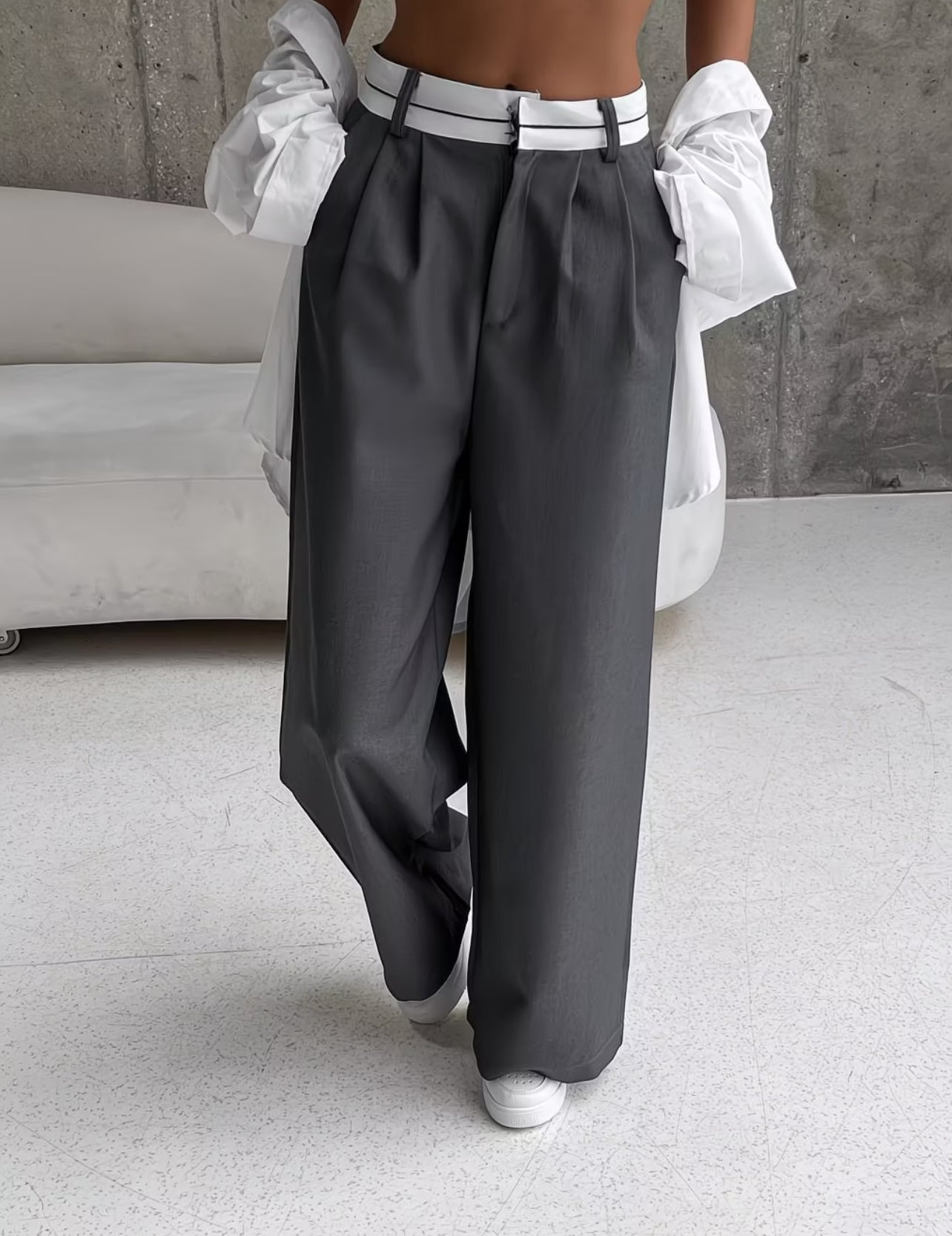 Women's Premium High-Waist Wide-Leg Trousers – Contrast Detail Smart Casual Commuter Pants