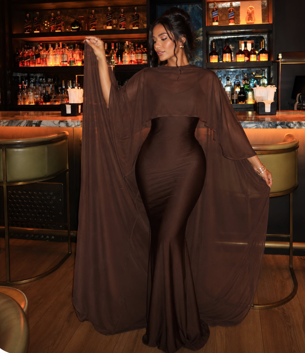 Seraphina Chocolate Cape Maxi Dress