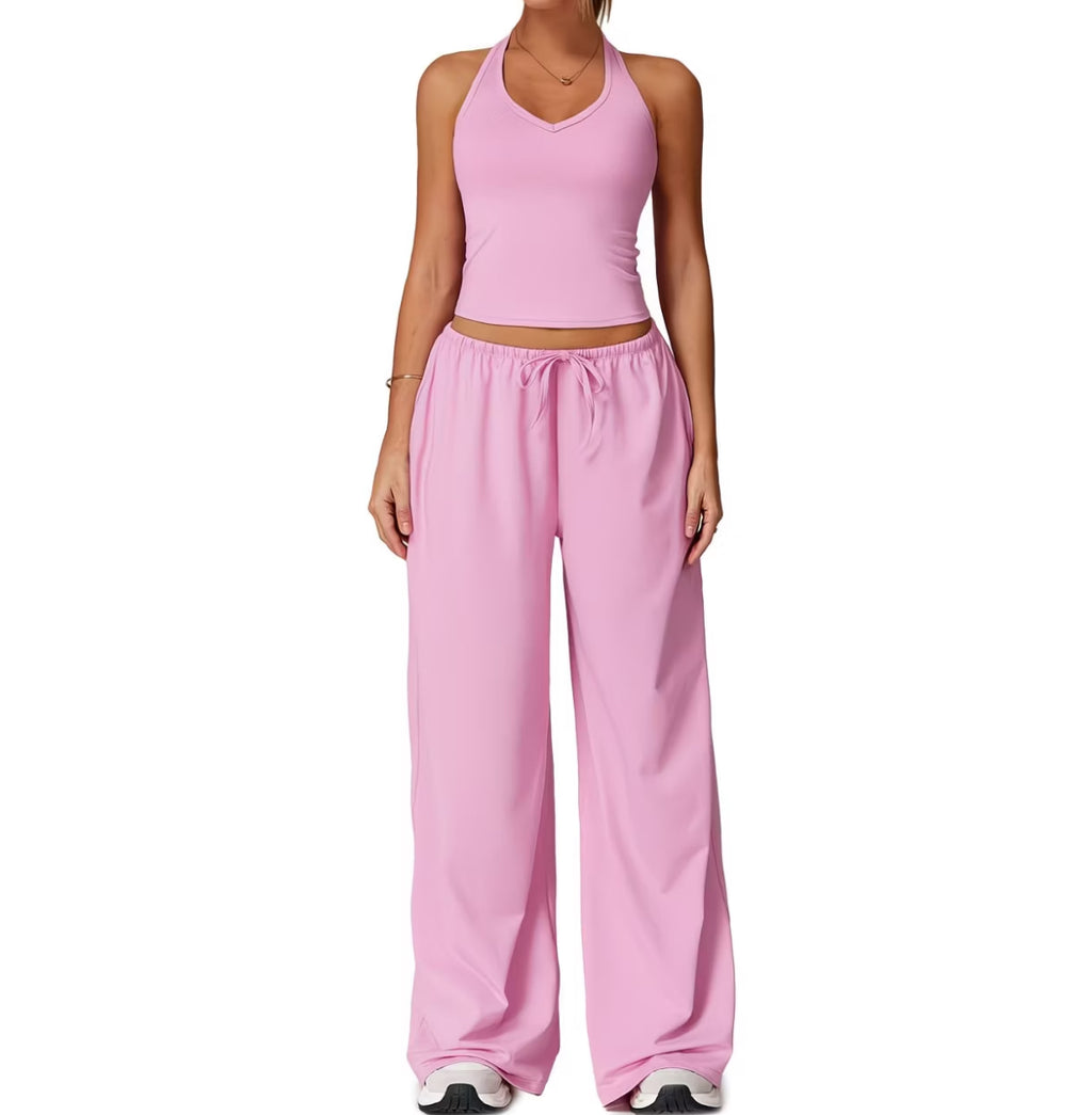 Women's Summer Solid Colour Halter Top & High-Waist Drawstring Wide-Leg Pocket Trousers 2-Piece Co-Ord Set