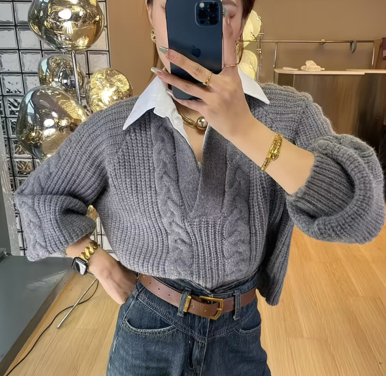Women’s Shirt Collar Sweater – Elegant Autumn & Winter Casual Knit Pullover