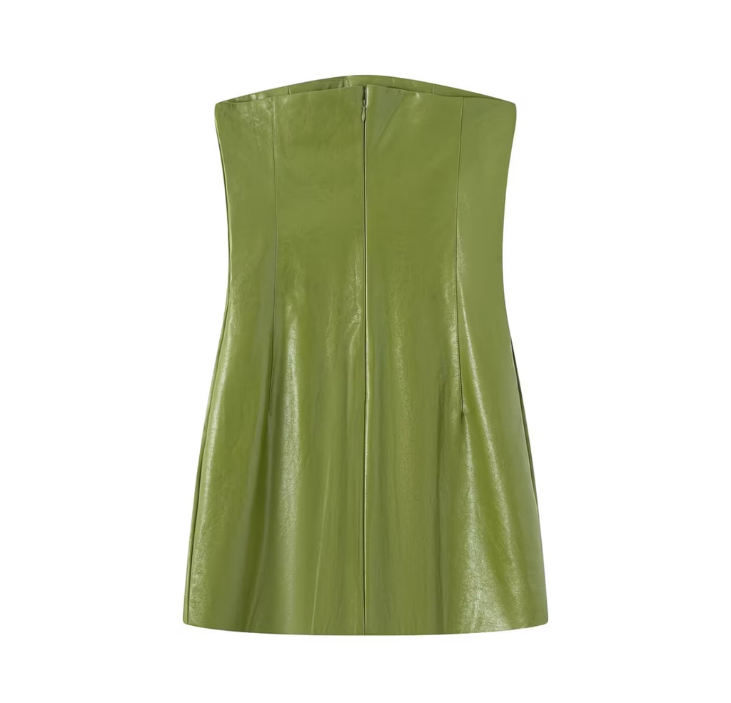 Sienna Faux Leather Strapless Mini Dress & Oversized Jacket Set – Olive Green