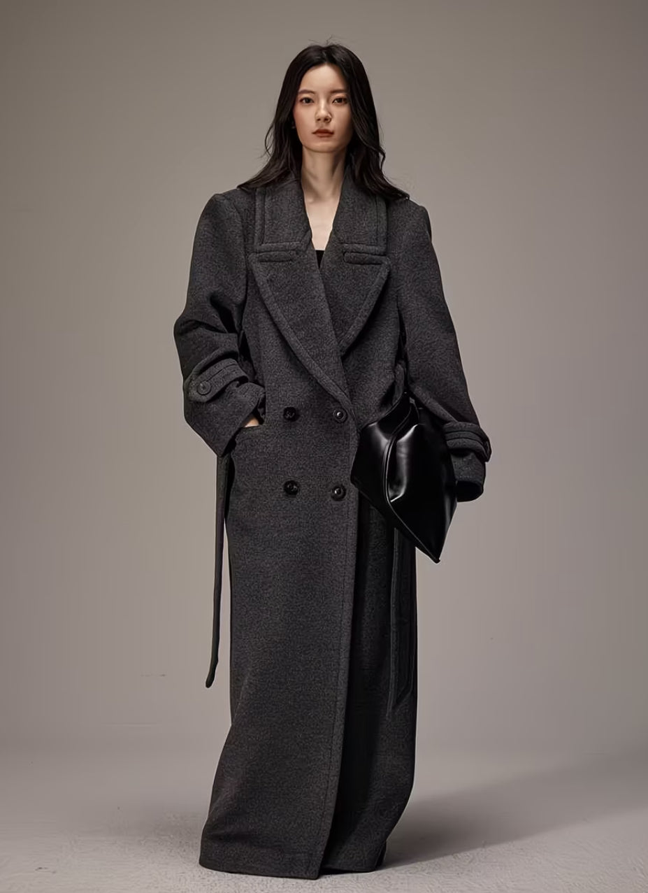 Women's Long Belted Double-Breasted Trench Coat – Elegant Winter Maxi Overcoat