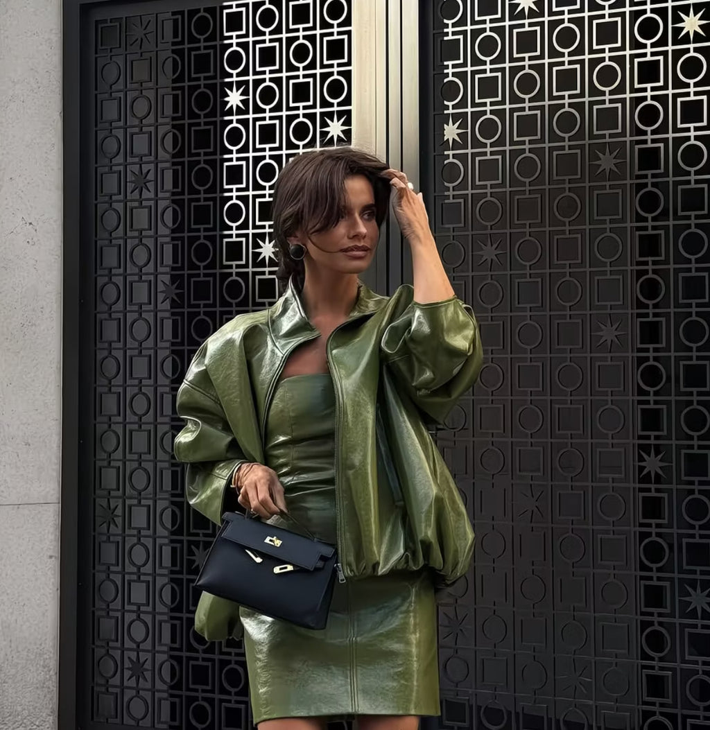 Sienna Faux Leather Strapless Mini Dress & Oversized Jacket Set – Olive Green
