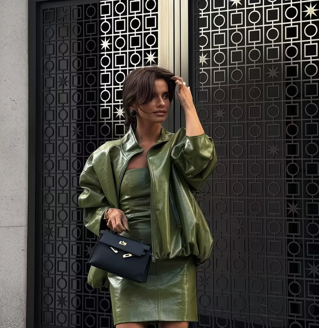 Sienna Faux Leather Strapless Mini Dress & Oversized Jacket Set – Olive Green