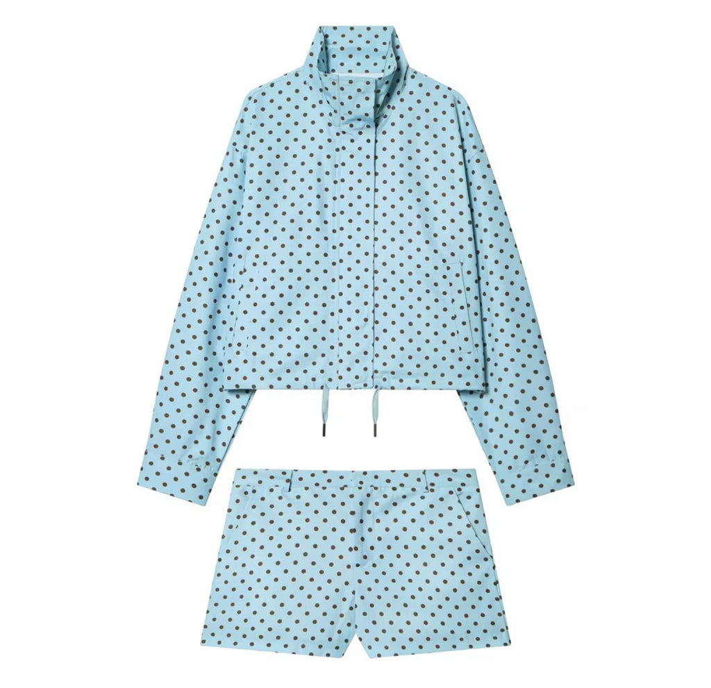 Elegant Polka Dot Full-Zip Jacket & Shorts 2-Piece Set – Stylish Spring, Summer & Autumn Outfit