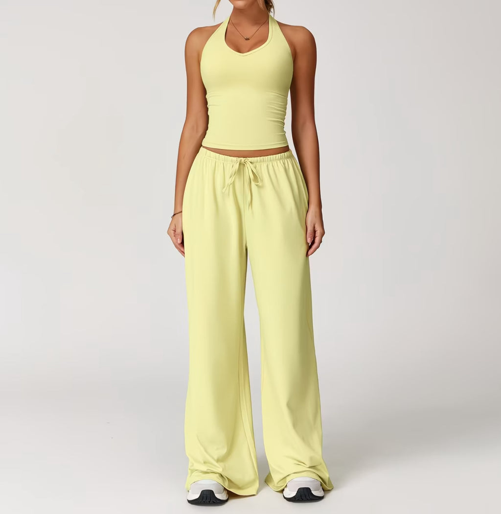 Women's Summer Solid Colour Halter Top & High-Waist Drawstring Wide-Leg Pocket Trousers 2-Piece Co-Ord Set