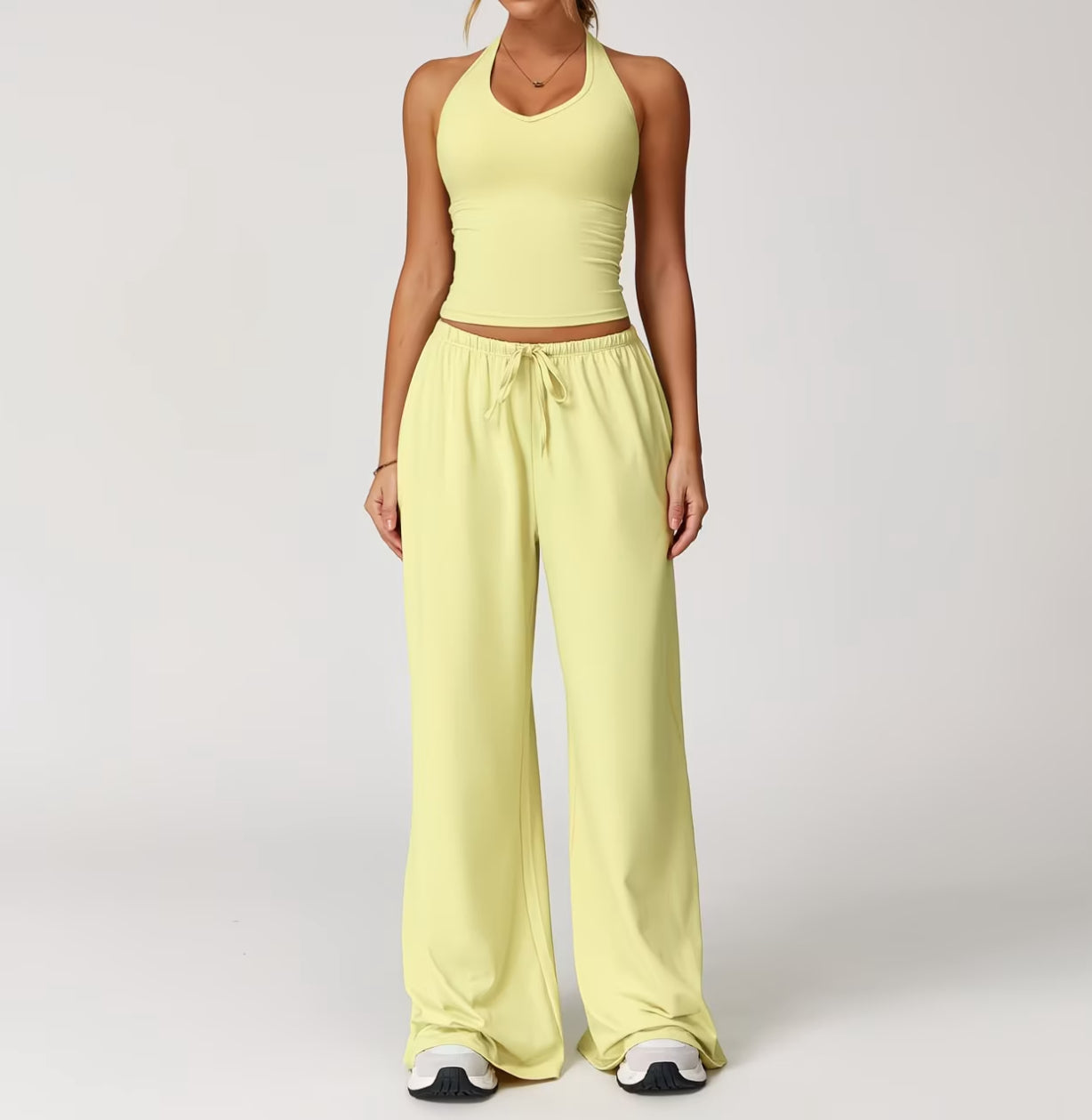 Women's Summer Solid Colour Halter Top & High-Waist Drawstring Wide-Leg Pocket Trousers 2-Piece Co-Ord Set