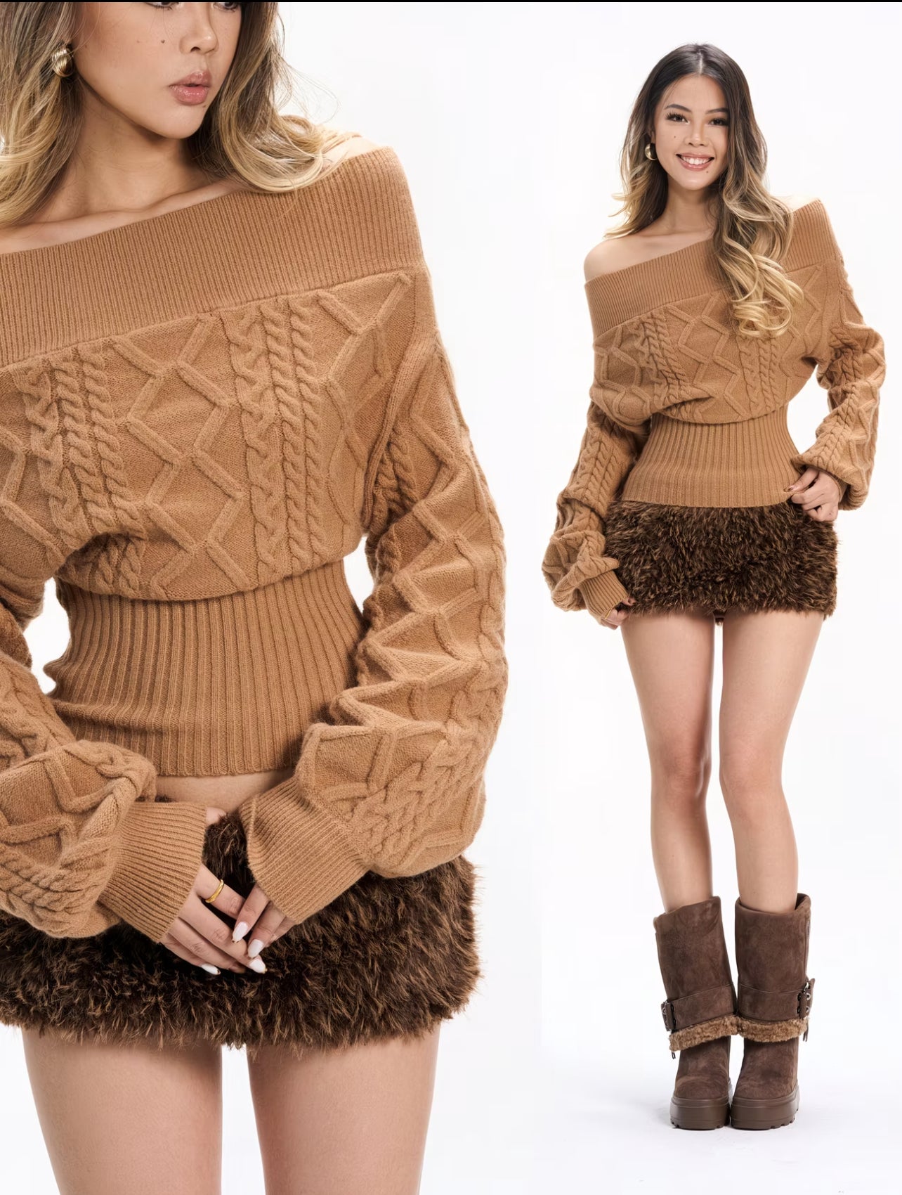Women's Vintage Off-Shoulder Cable Knit Cropped Sweater | Slim Fit Autumn & Winter Jumper