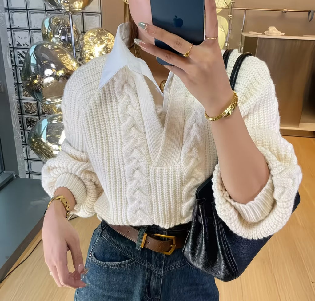 Women’s Shirt Collar Sweater – Elegant Autumn & Winter Casual Knit Pullover