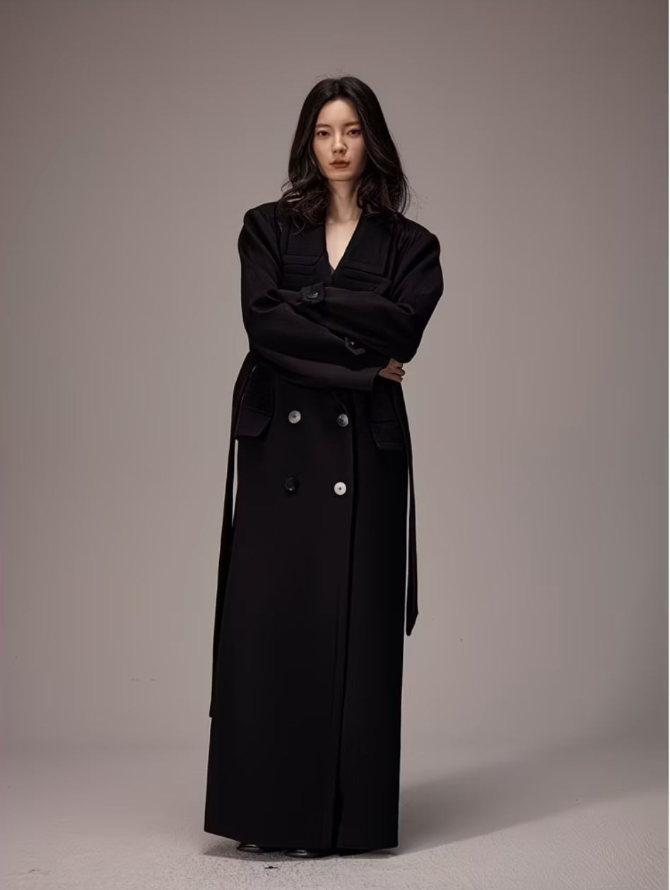 Women's Long Belted Double-Breasted Trench Coat – Elegant Winter Maxi Overcoat