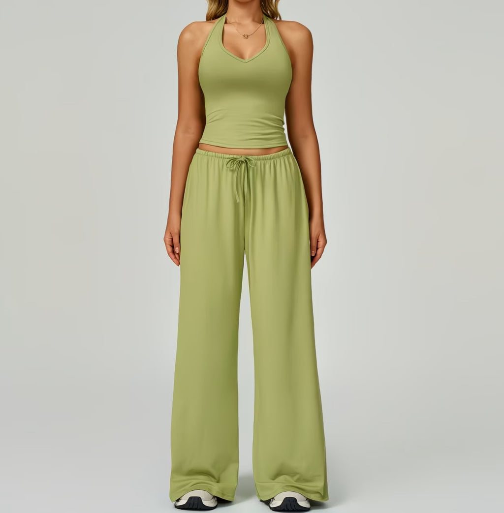 Women's Summer Solid Colour Halter Top & High-Waist Drawstring Wide-Leg Pocket Trousers 2-Piece Co-Ord Set