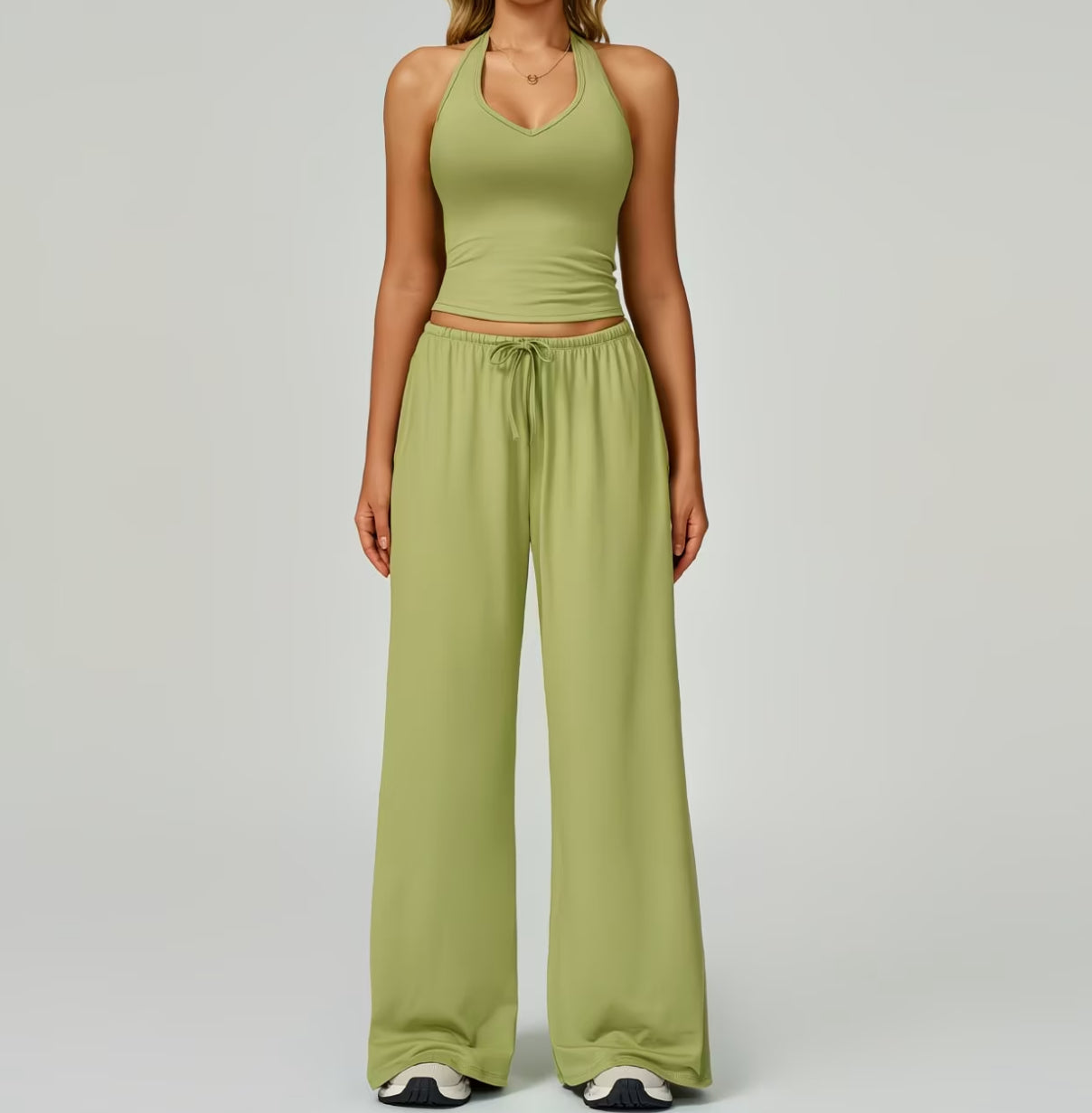 Women's Summer Solid Colour Halter Top & High-Waist Drawstring Wide-Leg Pocket Trousers 2-Piece Co-Ord Set