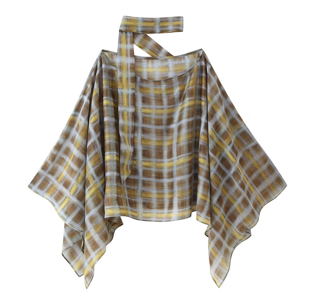 Women's Plaid Batwing Scarf Shawl – Round Neck Beach Cover-Up Top
