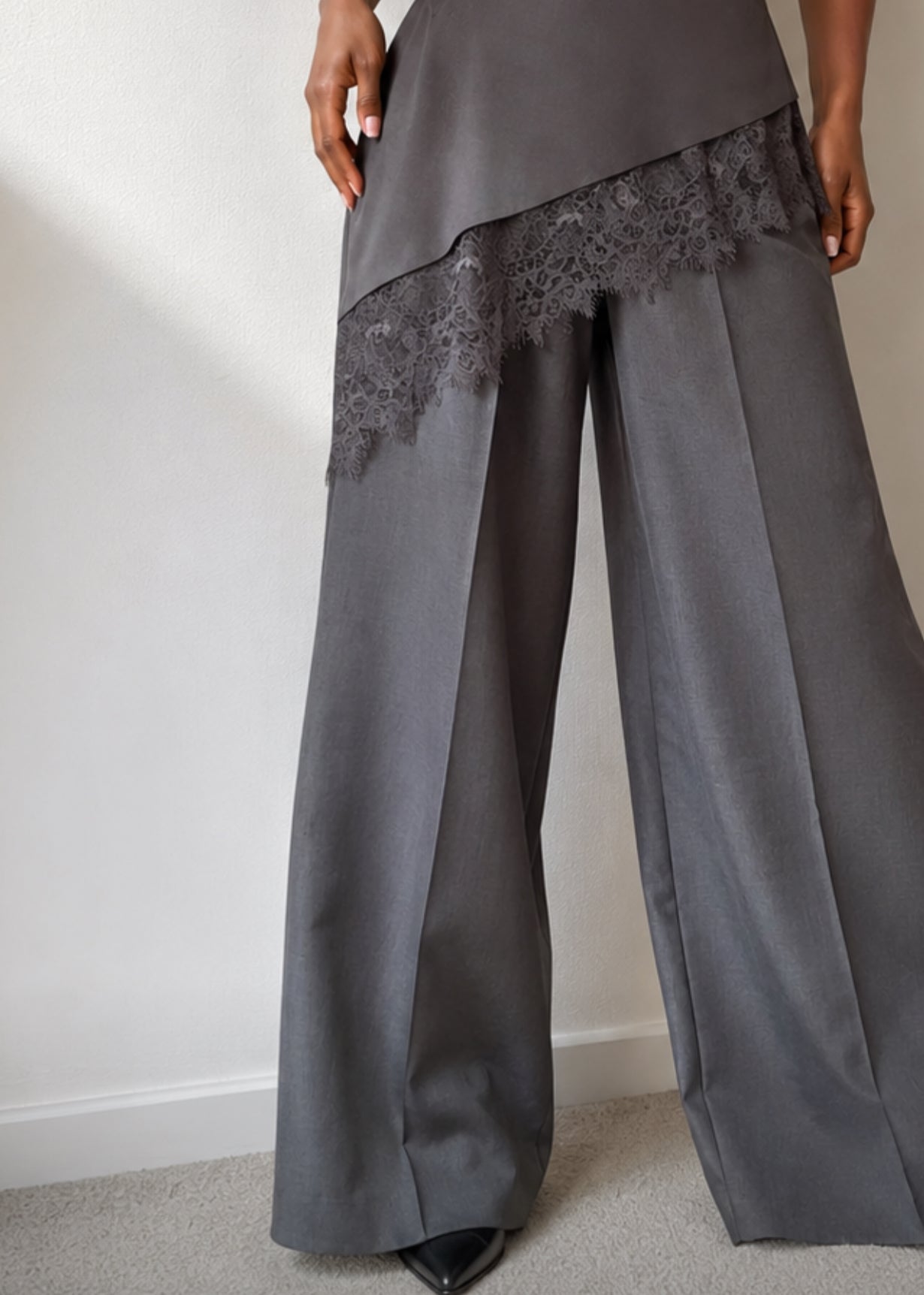 Luna Lace Overlay Wide-Leg Pants – Charcoal Grey