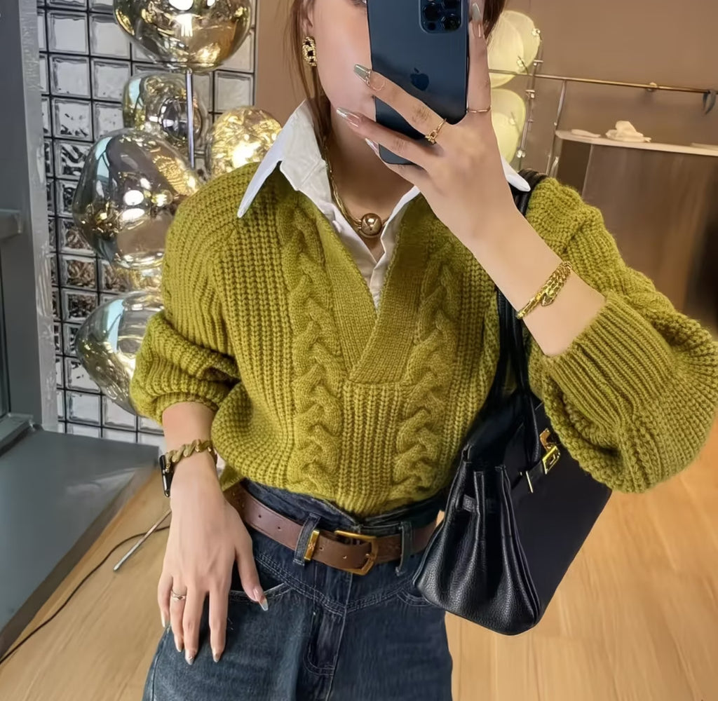 Women’s Shirt Collar Sweater – Elegant Autumn & Winter Casual Knit Pullover