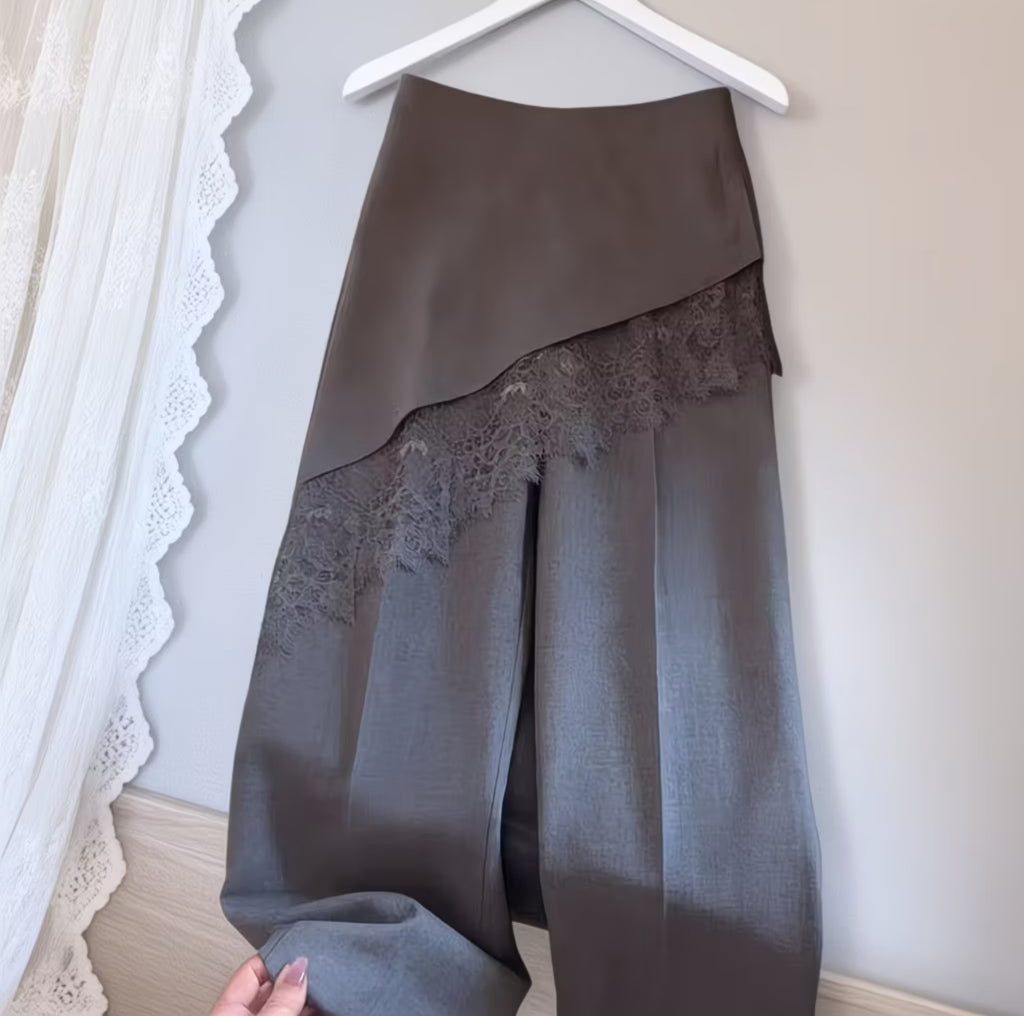 Luna Lace Overlay Wide-Leg Pants – Charcoal Grey