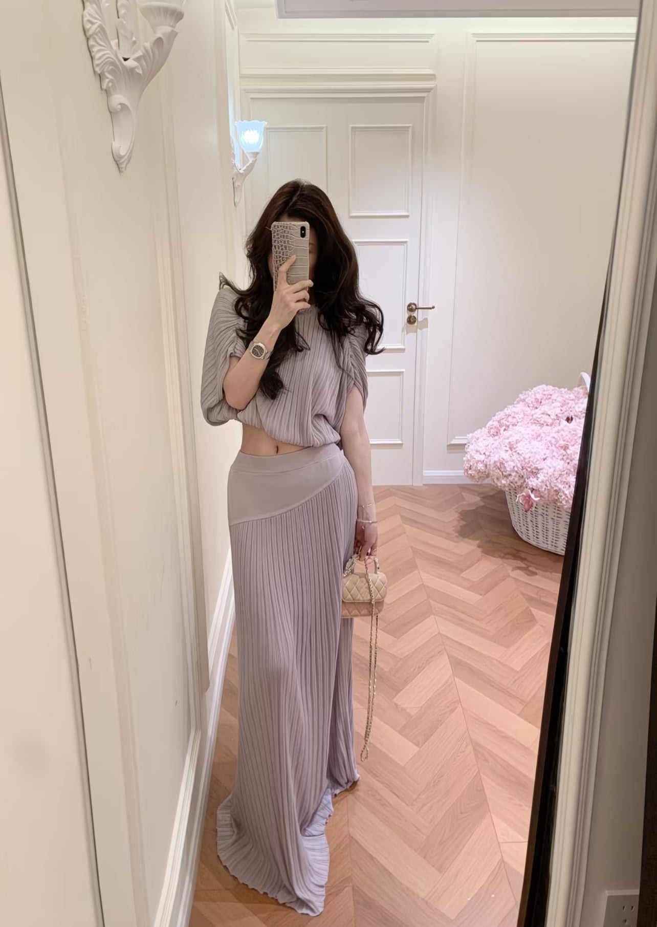 Aurora Pleated Two-Piece Maxi Set – Mauve
