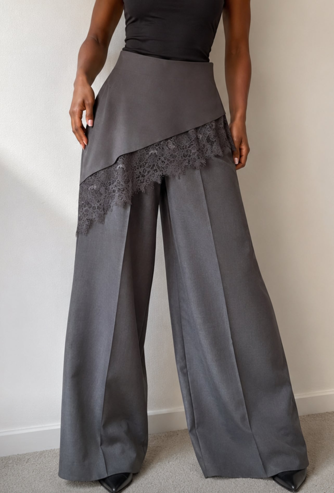 Luna Lace Overlay Wide-Leg Pants – Charcoal Grey