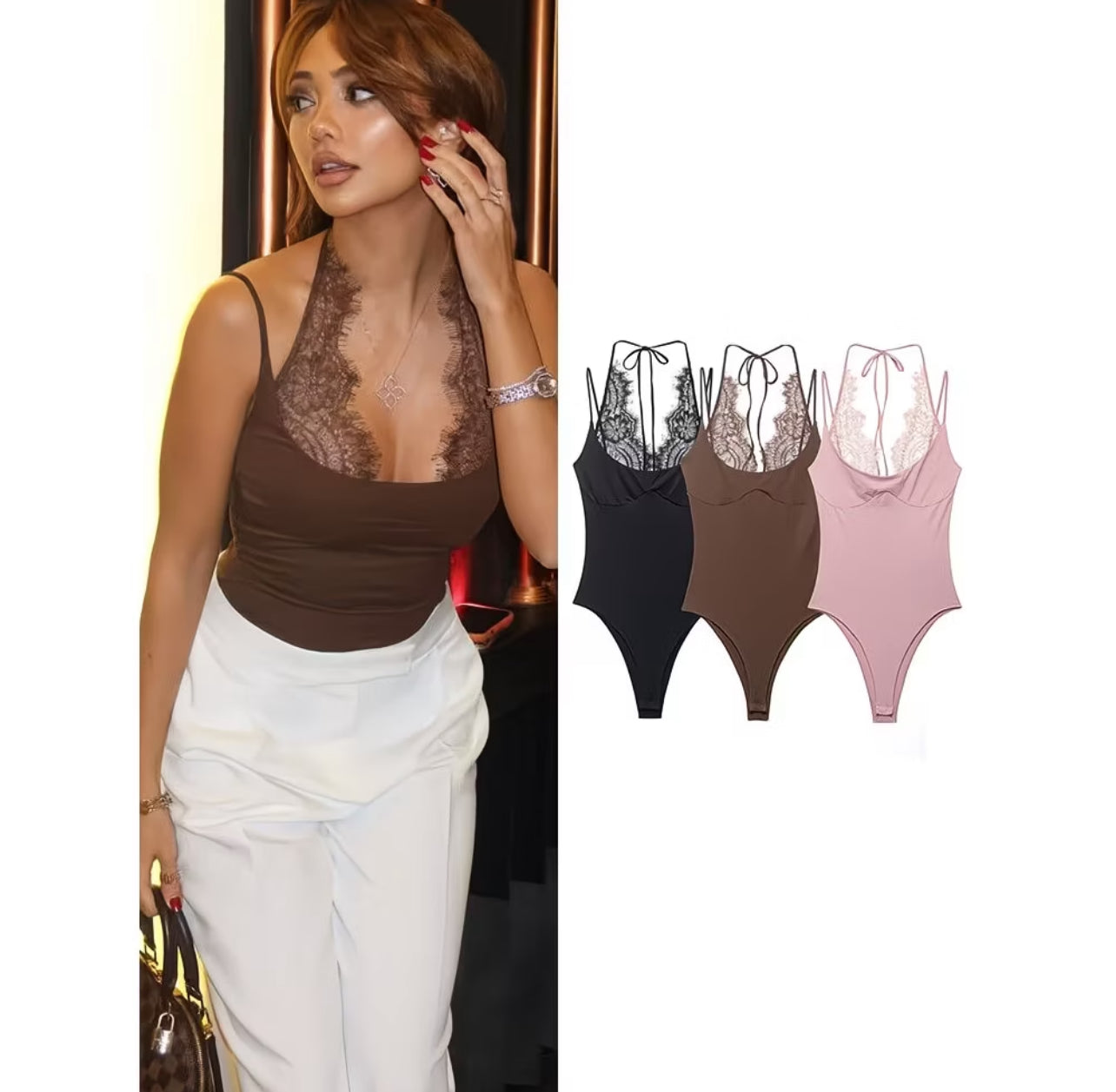 Women's Lace Patchwork Halterneck Bodysuit Vest – Sleeveless Slim-Fit Sexy Summer Top