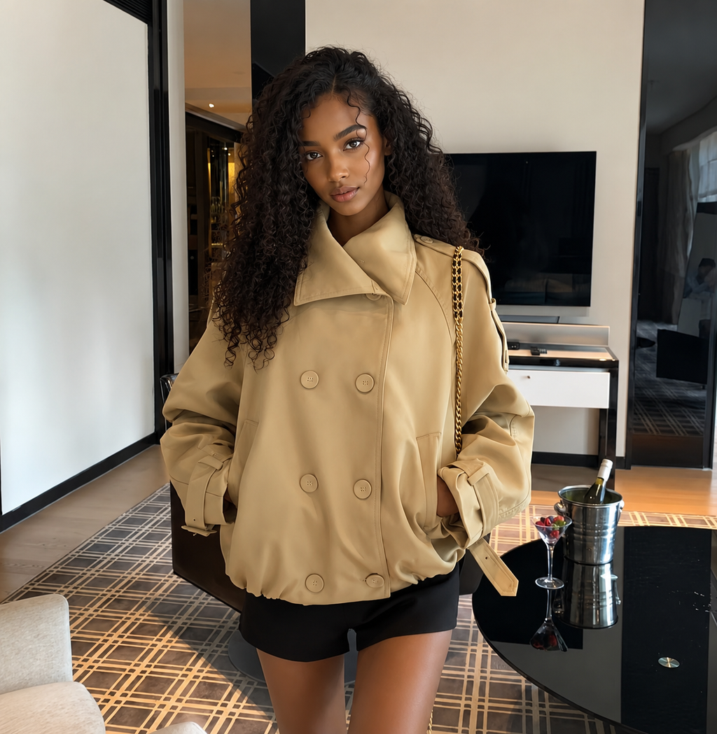 Women’s Double-Breasted Trench Coat with Stand Collar – Elegant Long-Sleeve Streetwear Jacket for Autumn & Winter