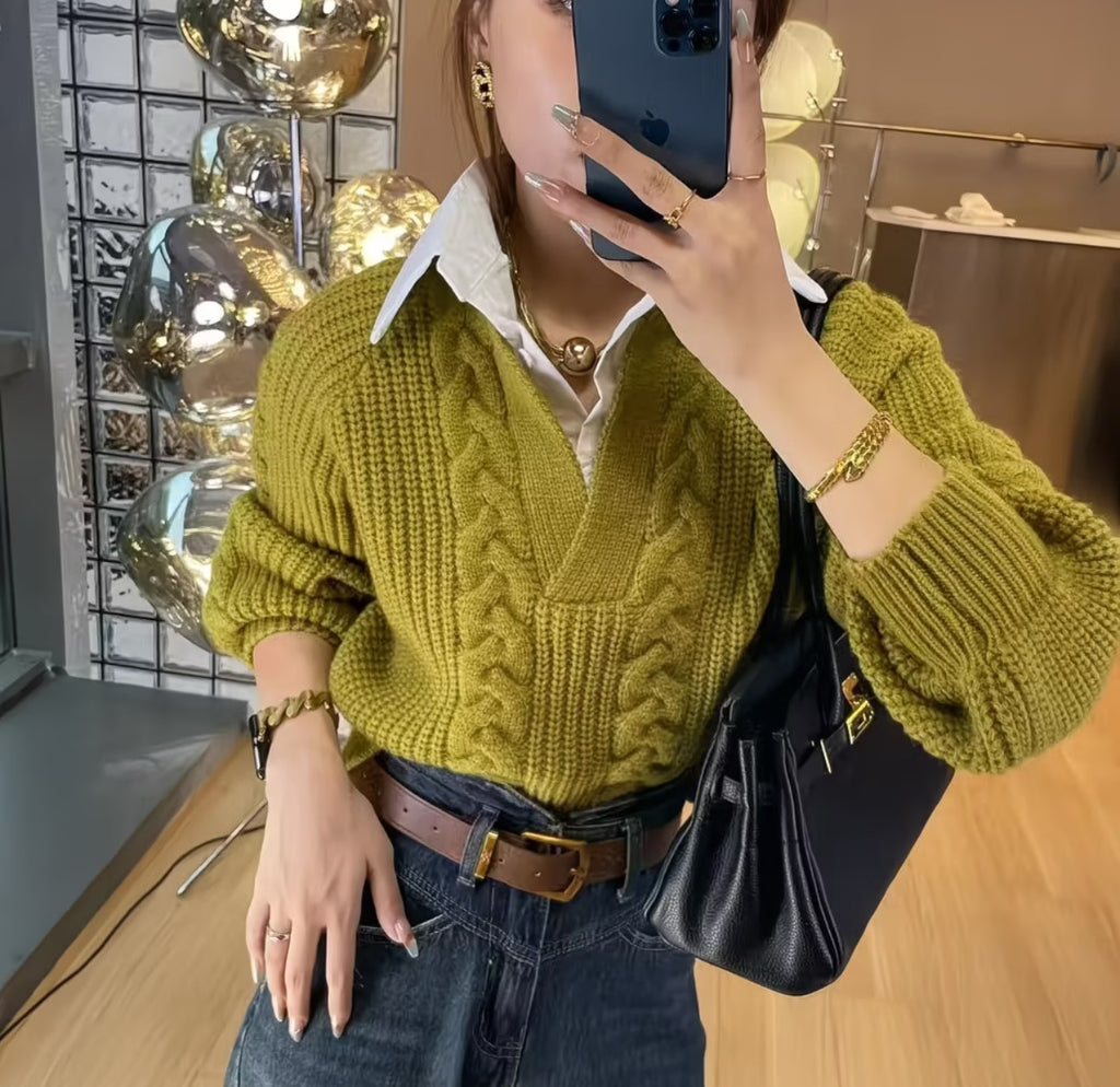 Women’s Shirt Collar Sweater – Elegant Autumn & Winter Casual Knit Pullover