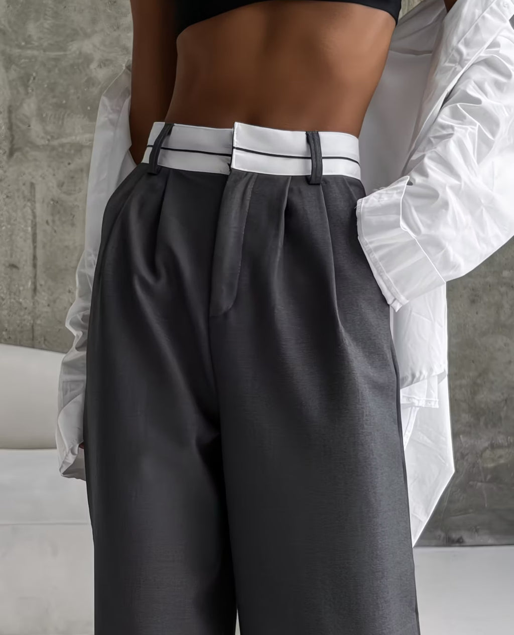Women's Premium High-Waist Wide-Leg Trousers – Contrast Detail Smart Casual Commuter Pants