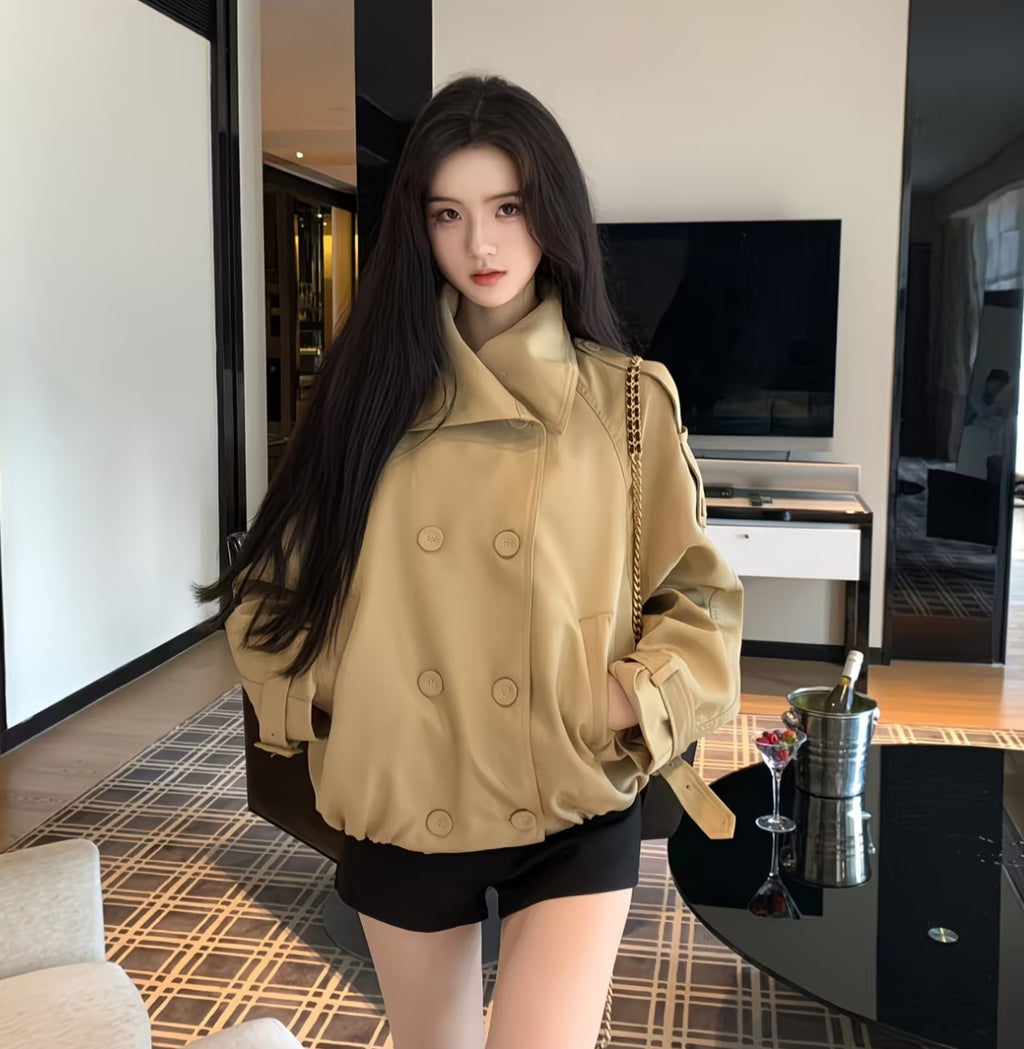 Women’s Double-Breasted Trench Coat with Stand Collar – Elegant Long-Sleeve Streetwear Jacket for Autumn & Winter