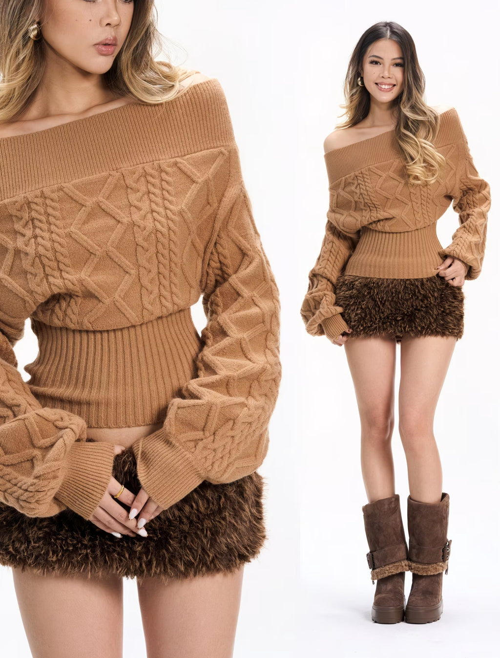 Women's Vintage Off-Shoulder Cable Knit Cropped Sweater | Slim Fit Autumn & Winter Jumper