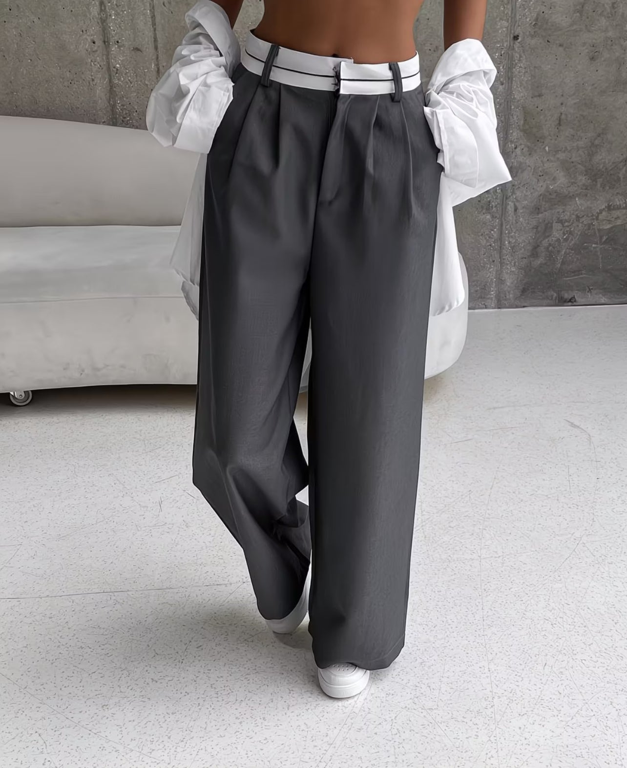 Women's Premium High-Waist Wide-Leg Trousers – Contrast Detail Smart Casual Commuter Pants