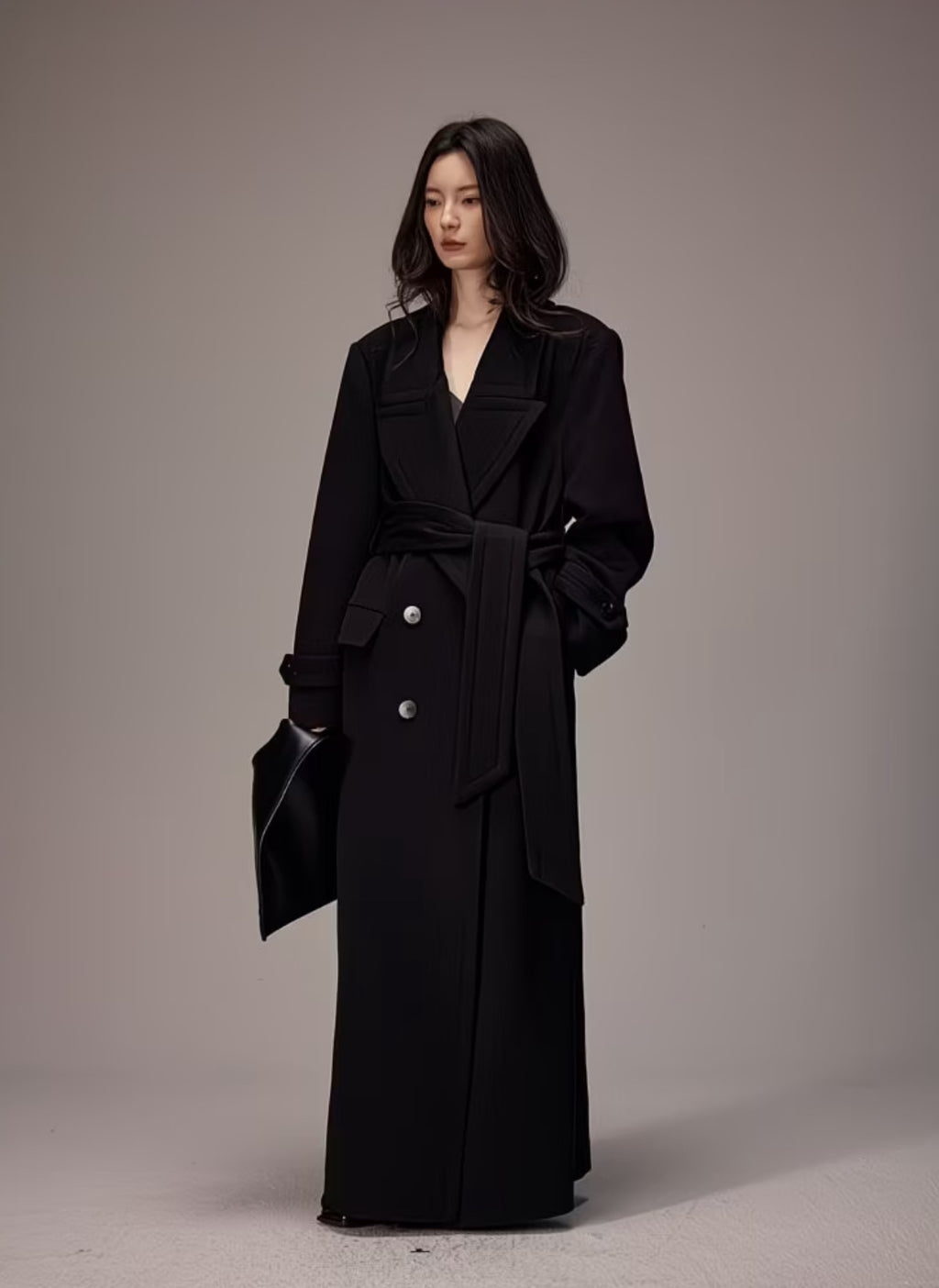 Women's Long Belted Double-Breasted Trench Coat – Elegant Winter Maxi Overcoat