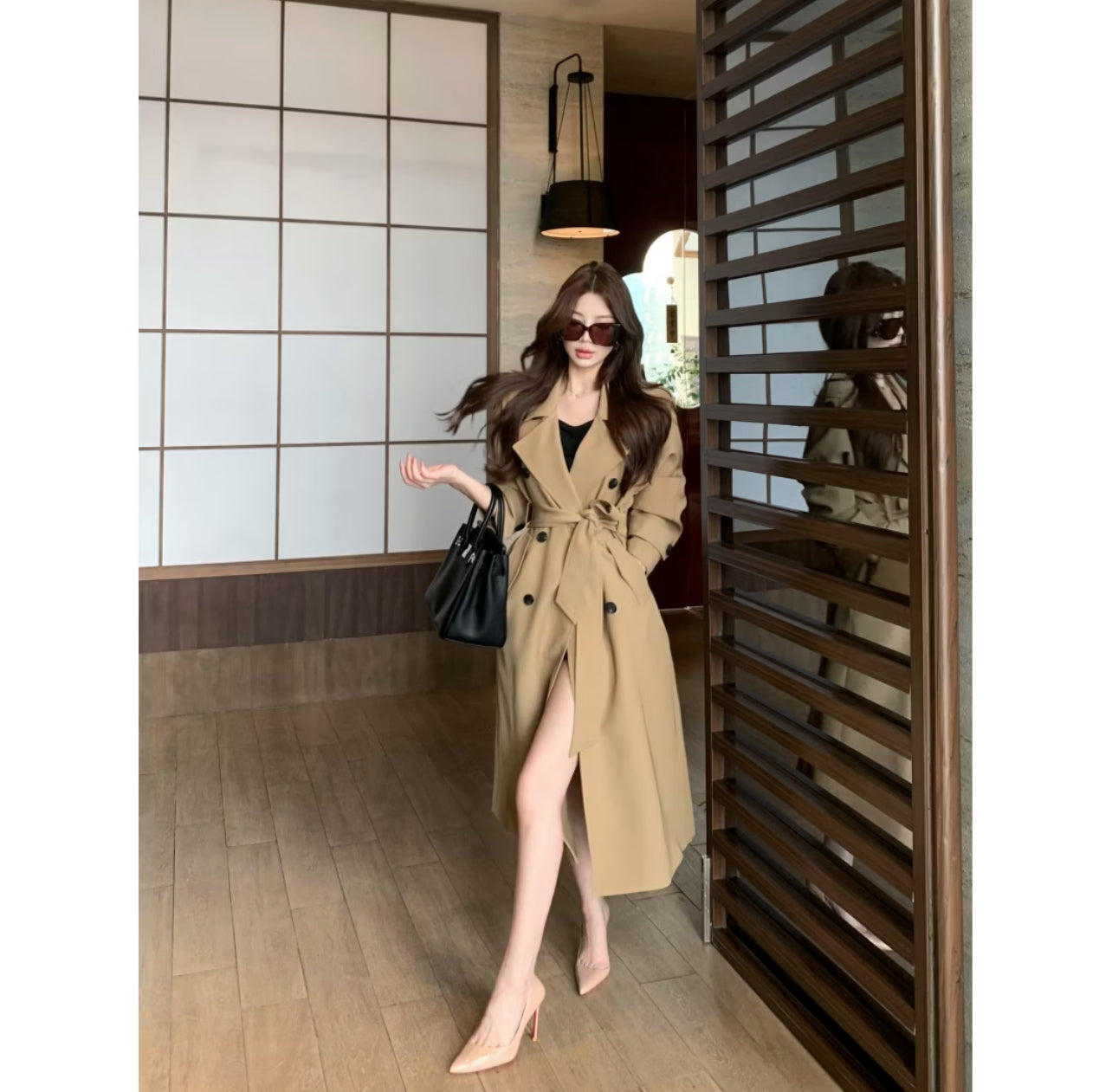 Women's Elegant Double-Breasted Trench Coat – Long Belted Slim Fit Lapel Jacket in Khaki