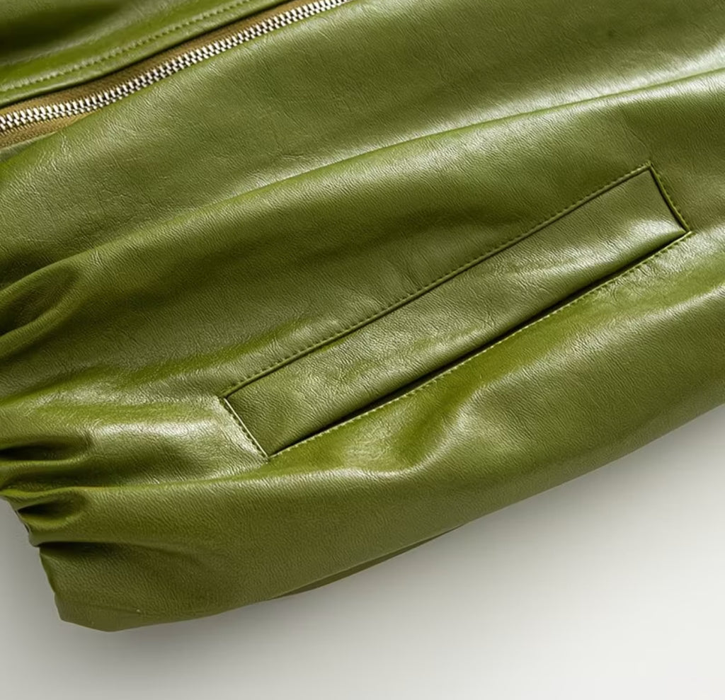 Sienna Faux Leather Strapless Mini Dress & Oversized Jacket Set – Olive Green