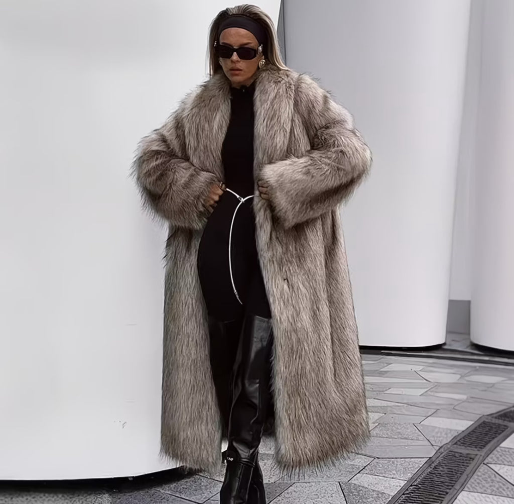 Luxury Faux Fur Long Coat for Women – Elegant Celebrity-Inspired Winter Overcoat