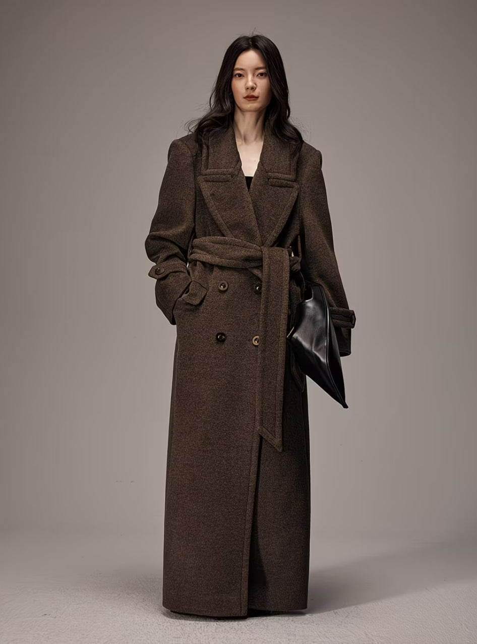 Women's Long Belted Double-Breasted Trench Coat – Elegant Winter Maxi Overcoat