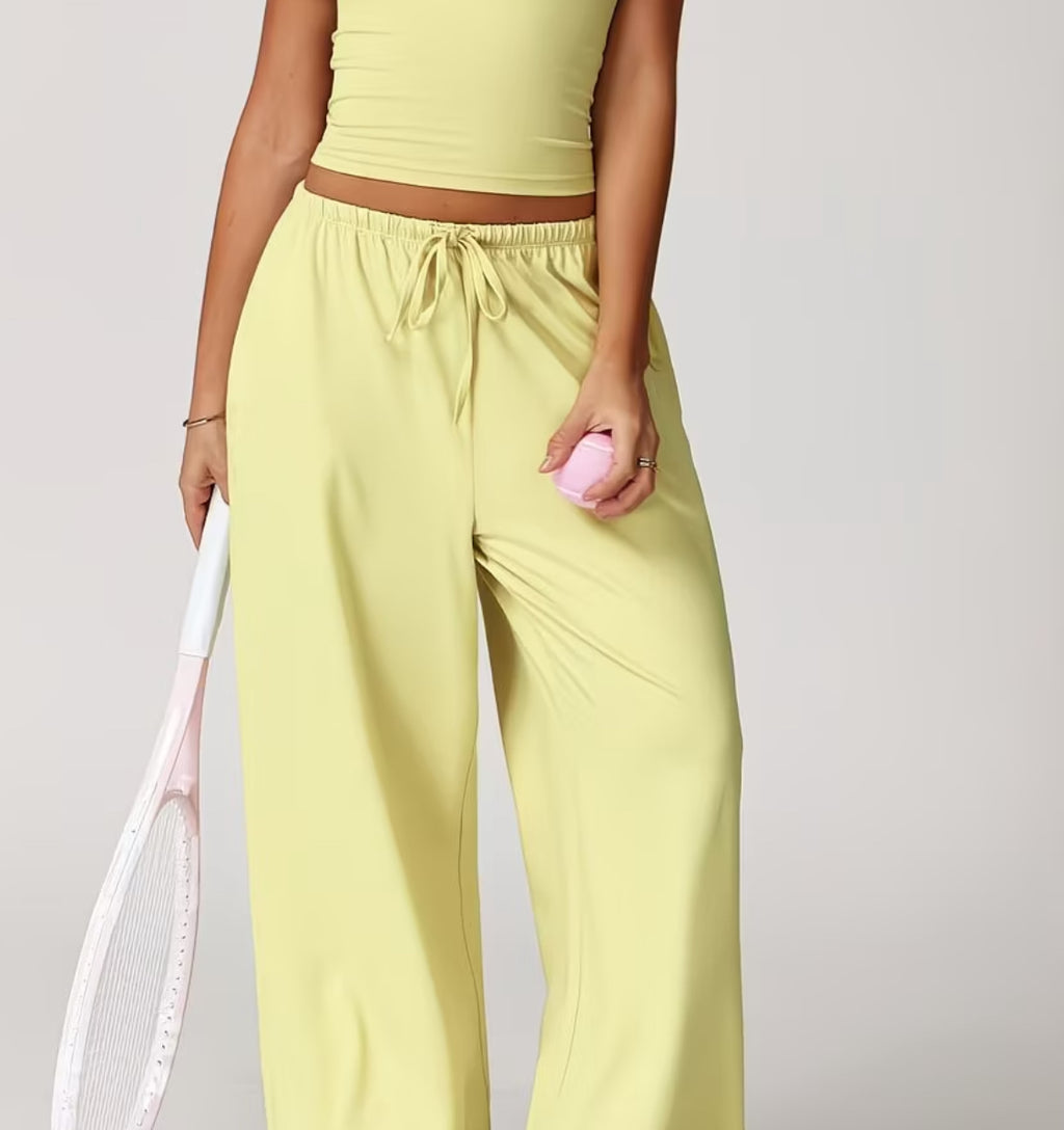 Women's Summer Solid Colour Halter Top & High-Waist Drawstring Wide-Leg Pocket Trousers 2-Piece Co-Ord Set